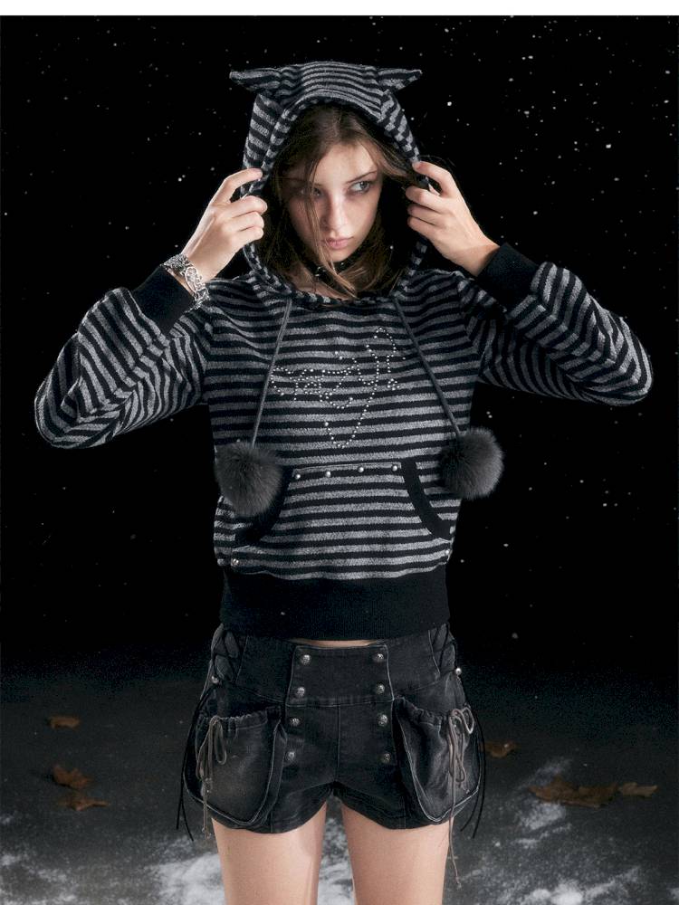 Striped Cat-Ear Hoodie【s0000014425】