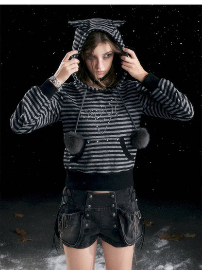 Striped Cat-Ear Hoodie【s0000014425】