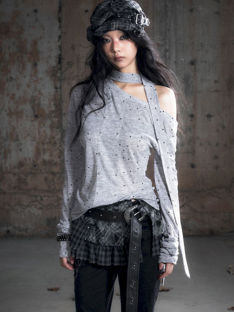 Cross Print Long Sleeve Knit Slouchy T-Shirt【s0000013892】