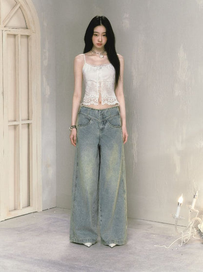 Wide-leg broken holes micro-laundry jeans【s0000012140】