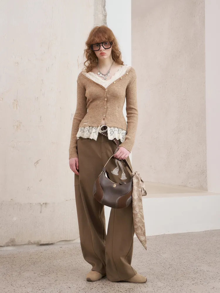 Slim-Fit V-Neck Off-Shoulder Knit Cardigan【s0000014061】