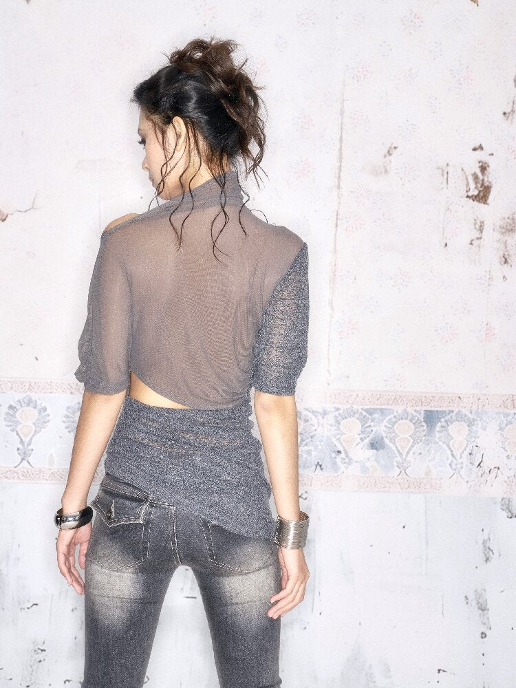 3-Tone Knitted Mesh Pleated T-Shirt【s0000016063】