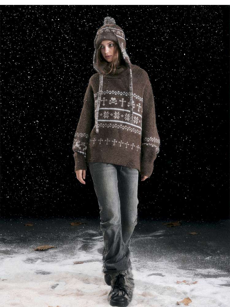 Striped Snowflake Ear Protection Beanie【s0000014672】