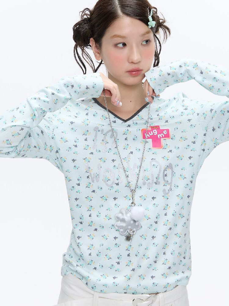 Full Print V Neck Long Sleeve Top【s0000016406】