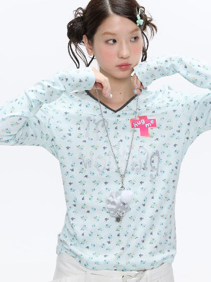 Full Print V Neck Long Sleeve Top【s0000016406】