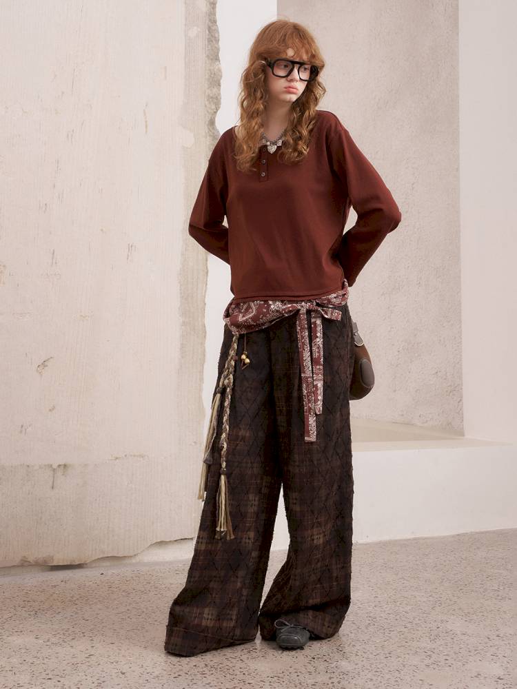 Textured straight leg loose plaid trousers【s0000014384】