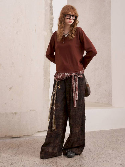 Textured straight leg loose plaid trousers【s0000014384】