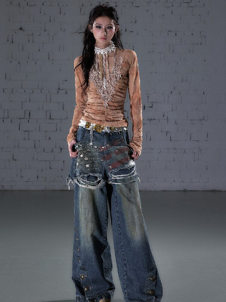 Nostalgic Print Fake Two Denim【s0000015931】