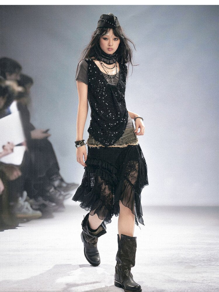 Lace Patchwork Irregular Mesh Skirt【s0000015449】