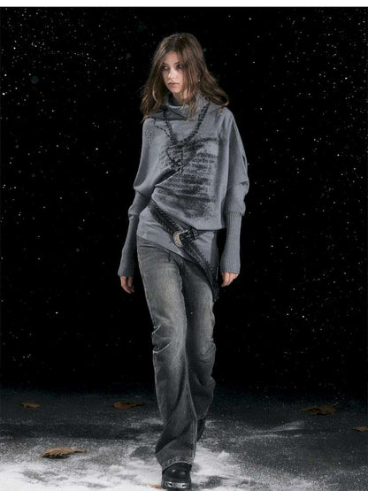 Graffiti Bat Sleeve Pleated Sweater【s0000014669】