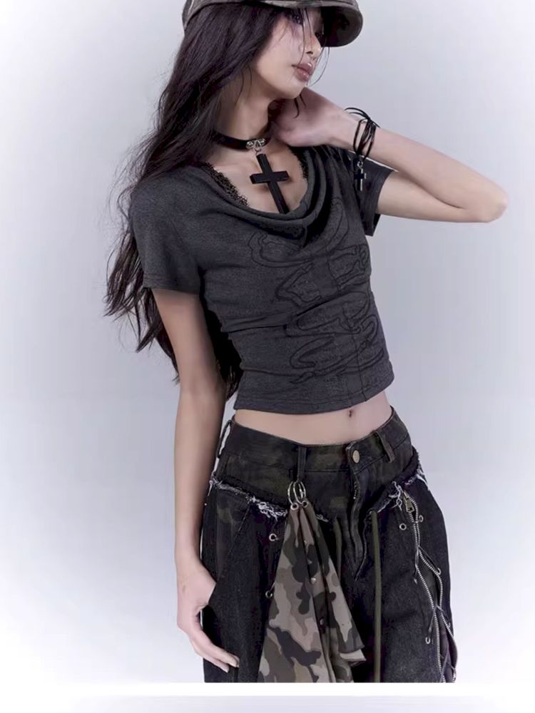 Openwork cross print lace T-shirt【s0000012847】