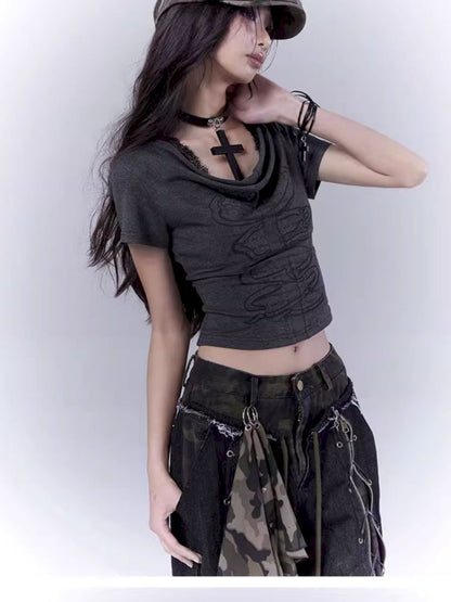 Openwork cross print lace T-shirt【s0000012847】