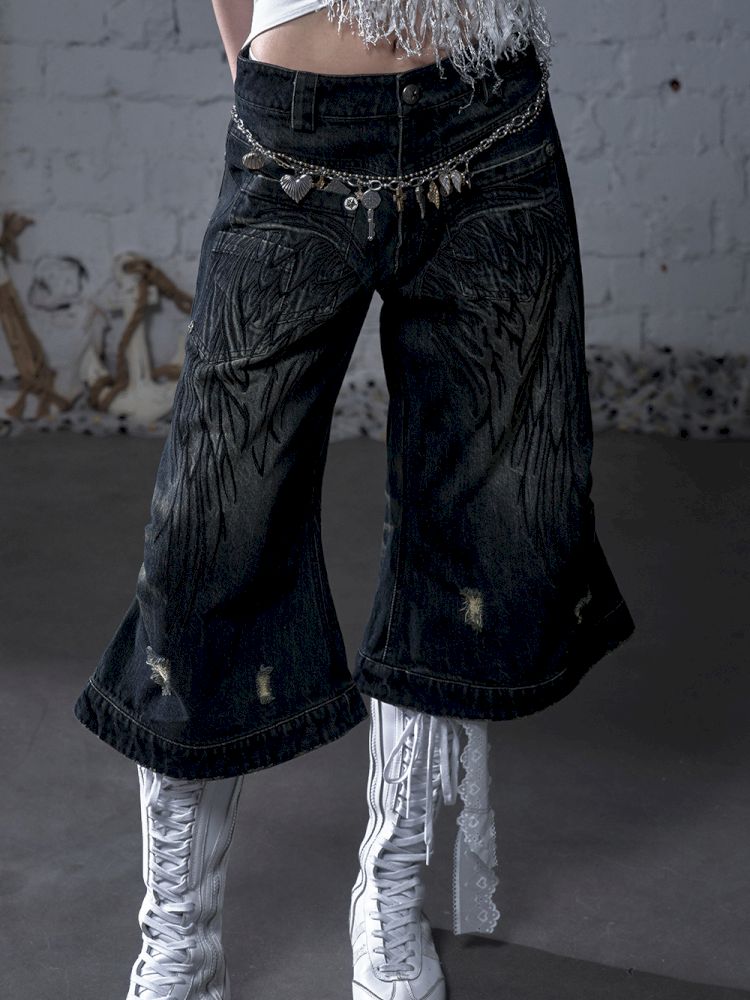 Wide-leg denim cropped pants【s0000012800】