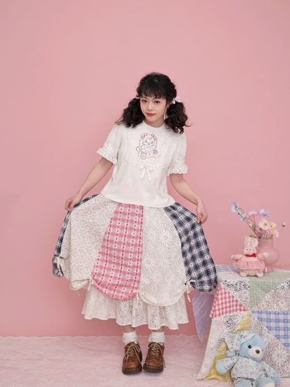 Lace Ribbon Bubble Sleeve T-Shirt【s0000012014】