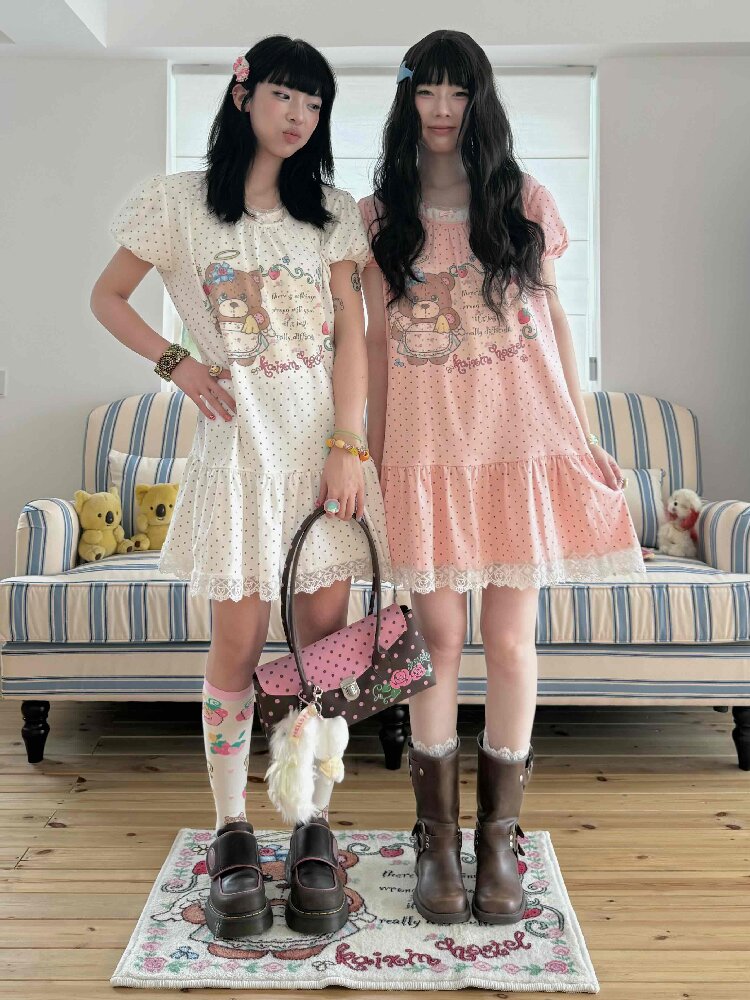 Bear Strawberry Lace Polka Dot Dress【s0000017508】