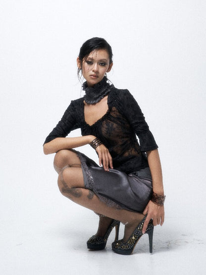 Flocked Lace Paneled Ruffled Shirt【s0000016067】