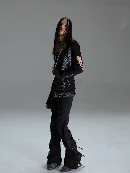 Long Sleeved Ripped Punk Print Tee【s0000015912】