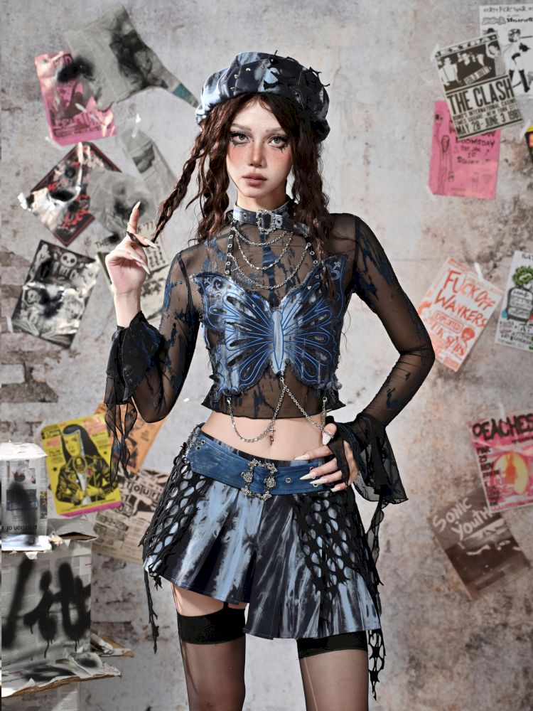 Butterfly Breast Plunge Mesh Bottom Shirt【s0000013506】