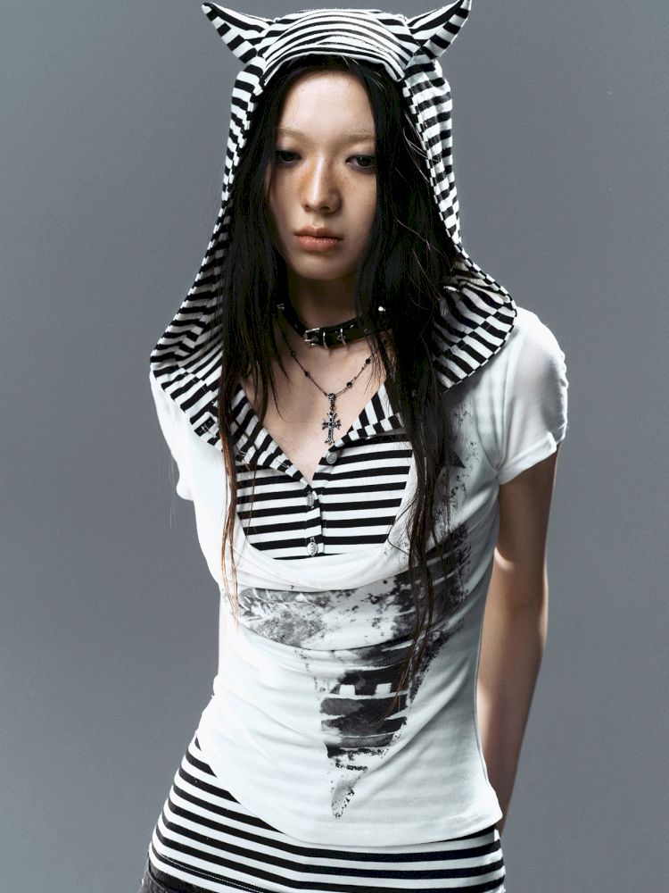 Swing Neck Striped Short Sleeve T-Shirt【s0000012807】