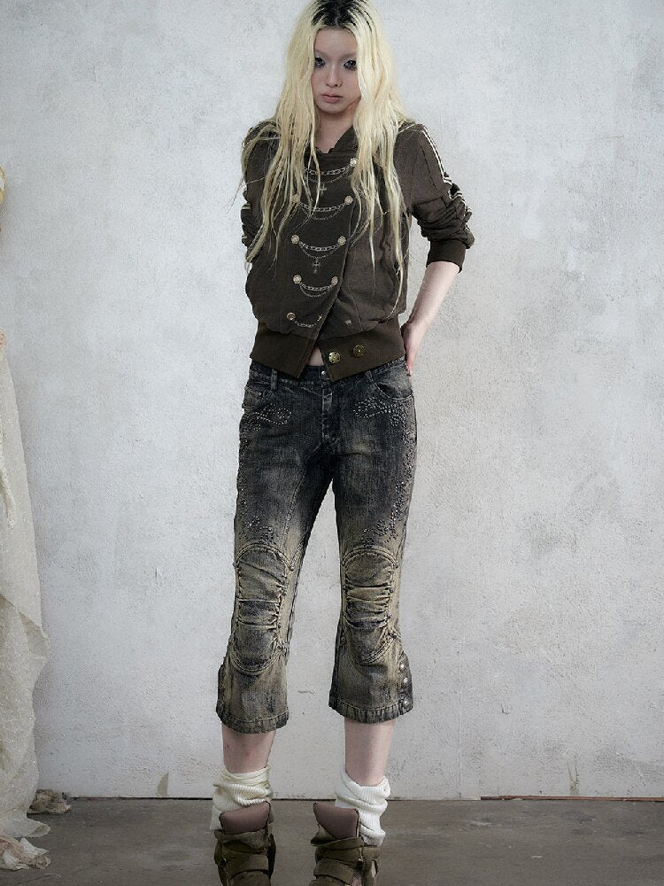 Rhinestone Three-Quarter Jeans【s0000017983】