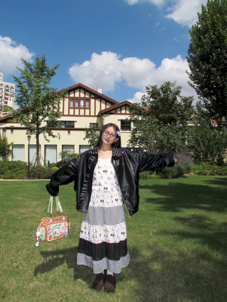 Lace-Trimmed Oversized Leather Jacket【s0000014167】