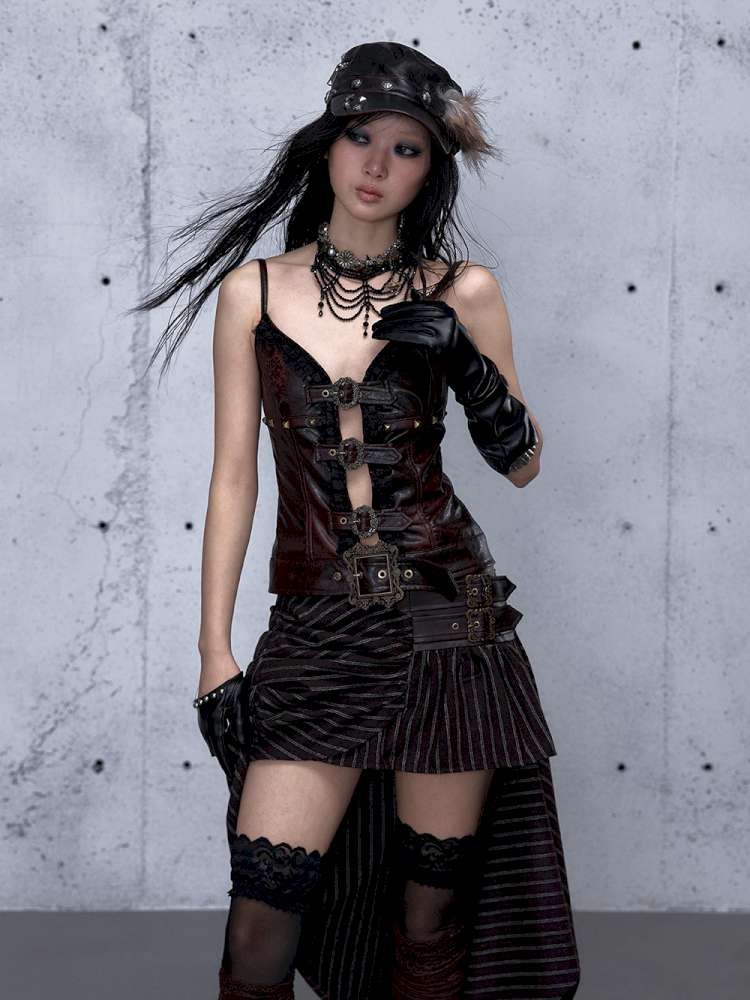 Dark Court Openwork Lace Leather Camisole【s0000014920】