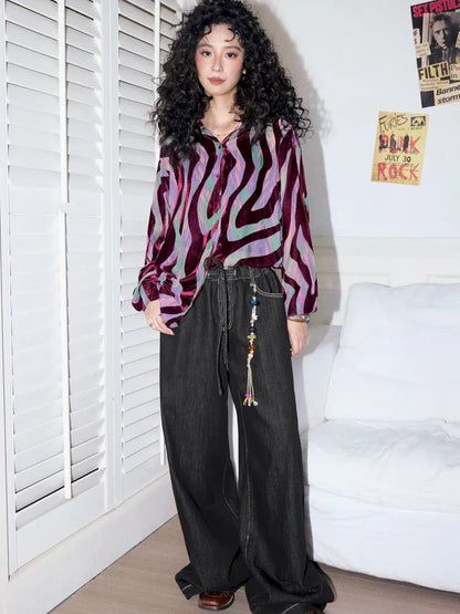 Washed elastic-waist wide-leg long jeans【s0000013990】