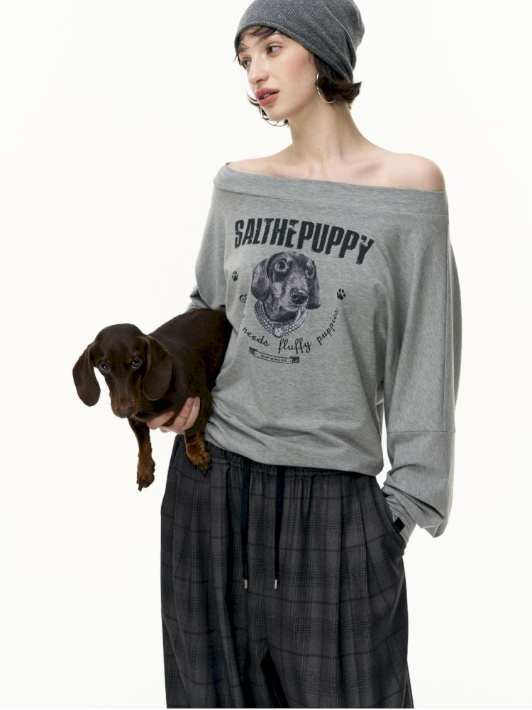 Puppy Printed Slant Shoulder Long Sleeve T-Shirt【s0000013744】