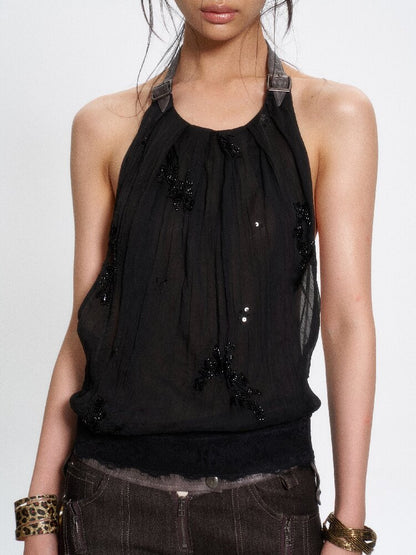 Chiffon Lace Embroidered Halter Top【s0000017659】