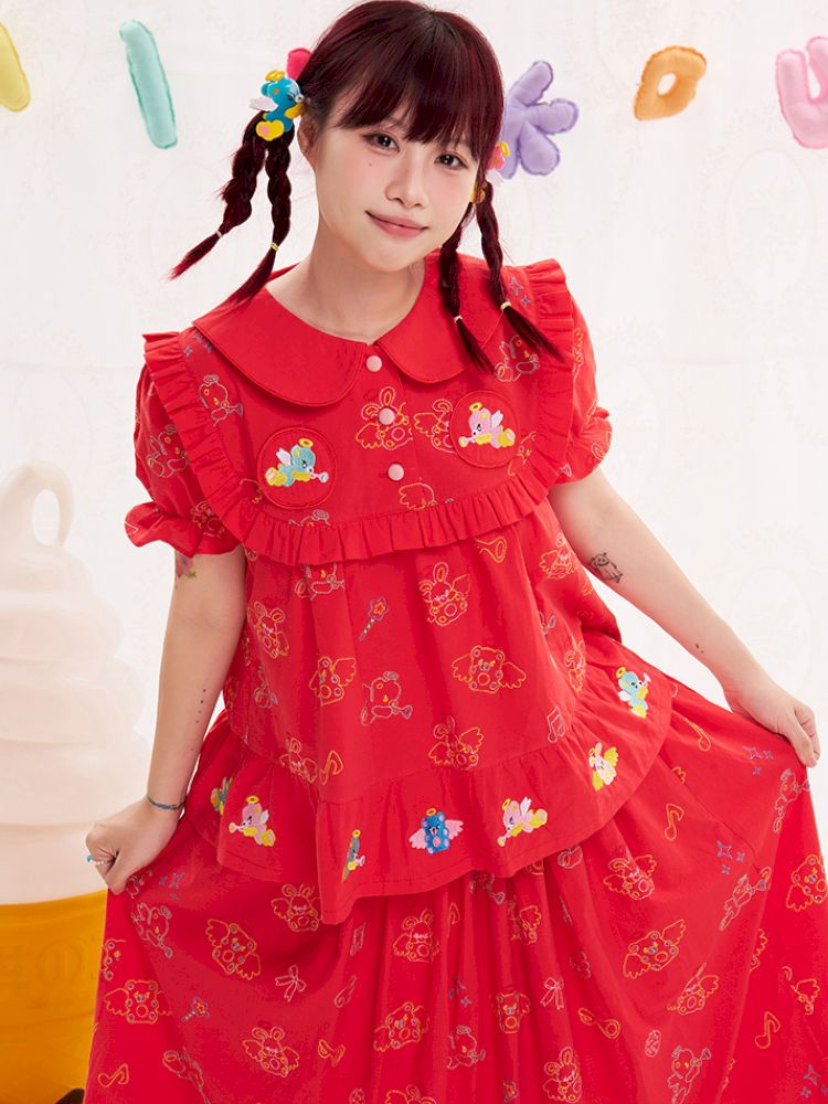 Animal angel heavy embroidery red doll shirt【s0000013184】