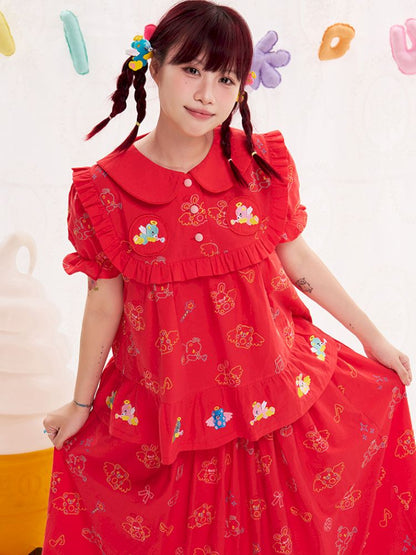 Animal angel heavy embroidery red doll shirt【s0000013184】