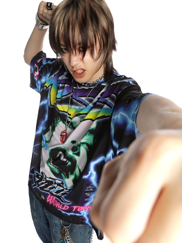 Dark Rock Lightning Print T-shirt【s0000015891】