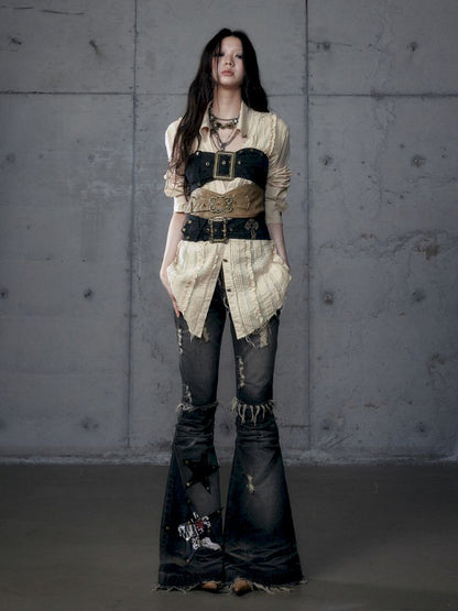 Irregular Color Clash Slim Leather Corset 【s0000013473】