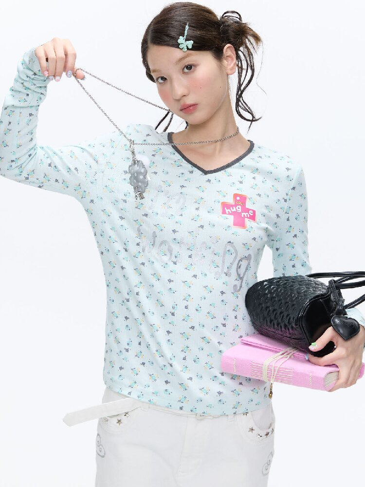 Full Print V Neck Long Sleeve Top【s0000016406】