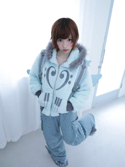 Mint Green Cotton Star Plush Hooded Jacket【s0000014693】