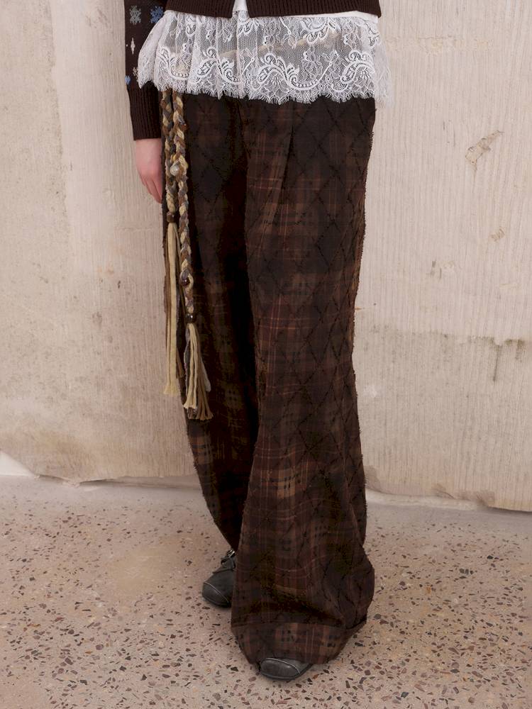 Textured straight leg loose plaid trousers【s0000014384】