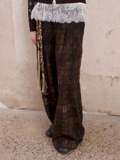 Textured straight leg loose plaid trousers【s0000014384】