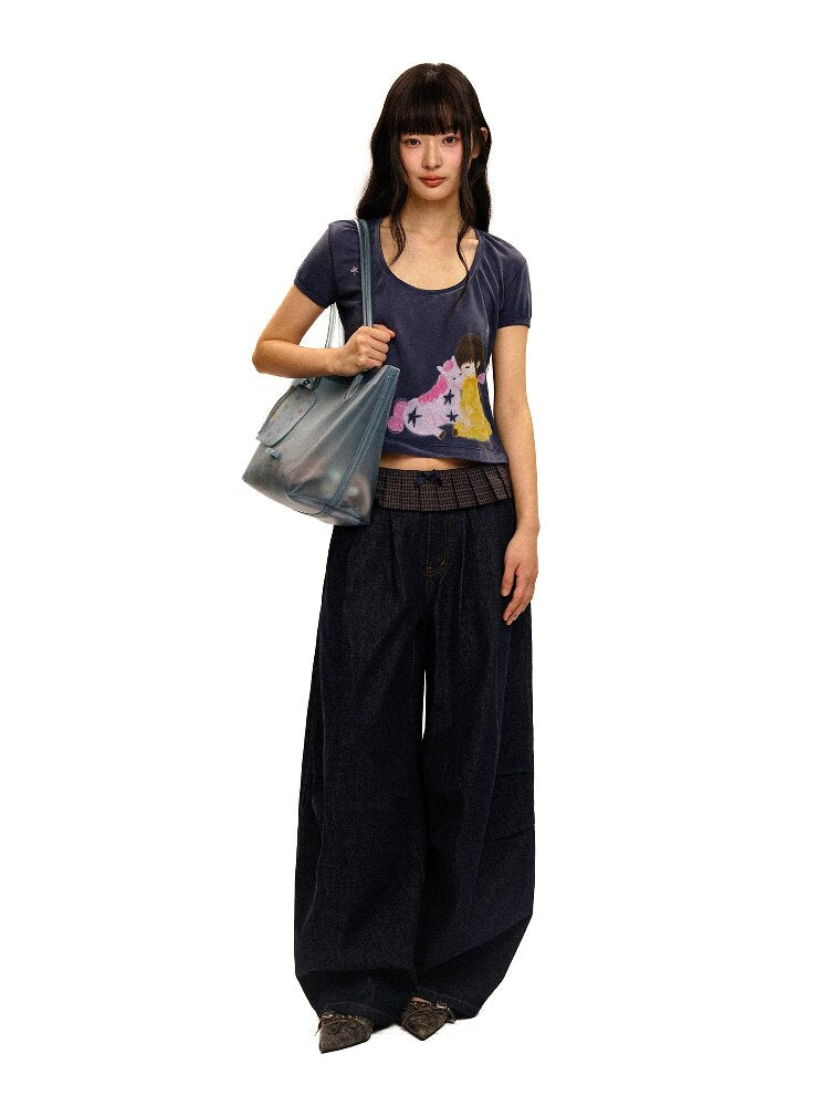 Pleated Plaid Straight Leg Jeans【s0000017912】