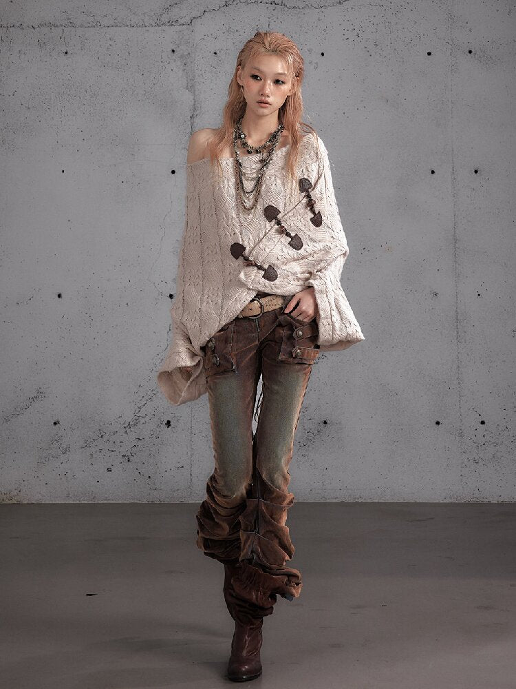 Distressed Pleated Low Rise Jeans【s0000019152】