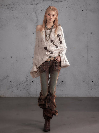 Distressed Pleated Low Rise Jeans【s0000019152】