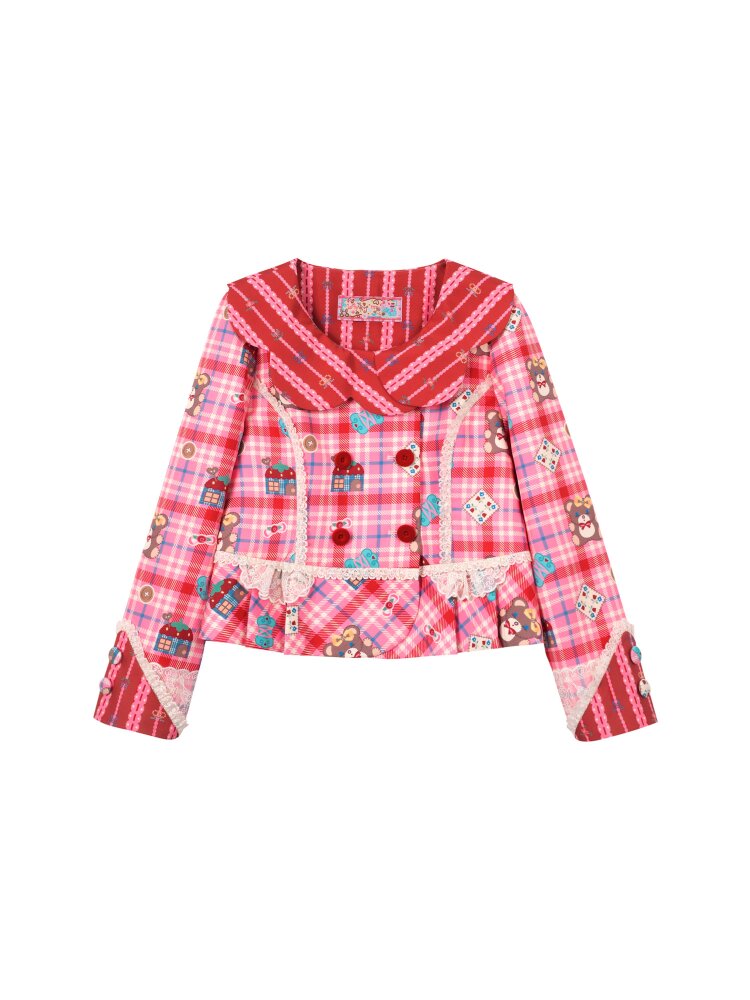 Red Pink Check Lace Skirt Blazer【s0000015574】