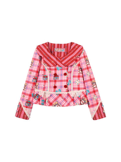 Red Pink Check Lace Skirt Blazer【s0000015574】