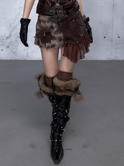 Plaid Stitching Leather Skirt【s0000015546】