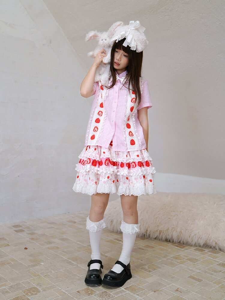 Plaid Lace Bow Short Sleeve Shirt【s0000018541】