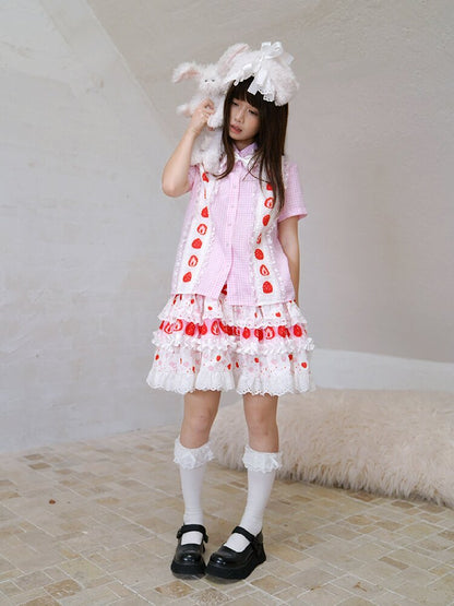 Plaid Lace Bow Short Sleeve Shirt【s0000018541】