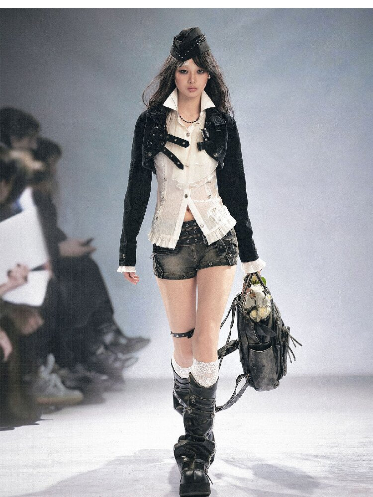 Distressed Metal Buckle Denim Shorts【s0000016285】