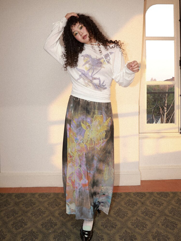 Mist Orchid Print Lace Up Top【s0000015457】