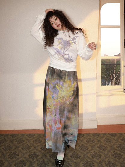 Mist Orchid Print Lace Up Top【s0000015457】