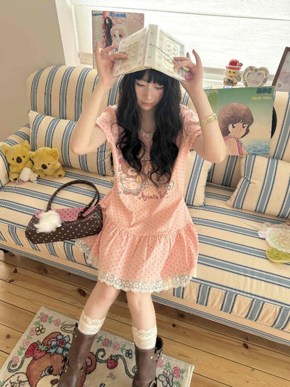 Bear Strawberry Lace Polka Dot Dress【s0000017508】