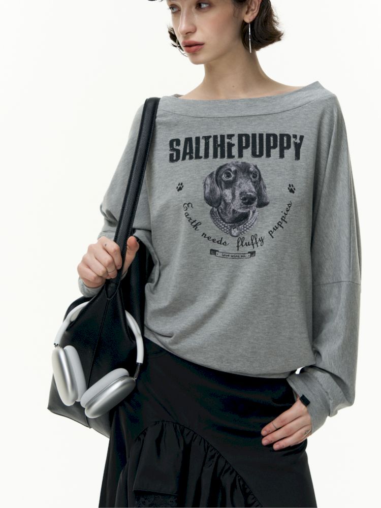 Puppy Printed Slant Shoulder Long Sleeve T-Shirt【s0000013744】